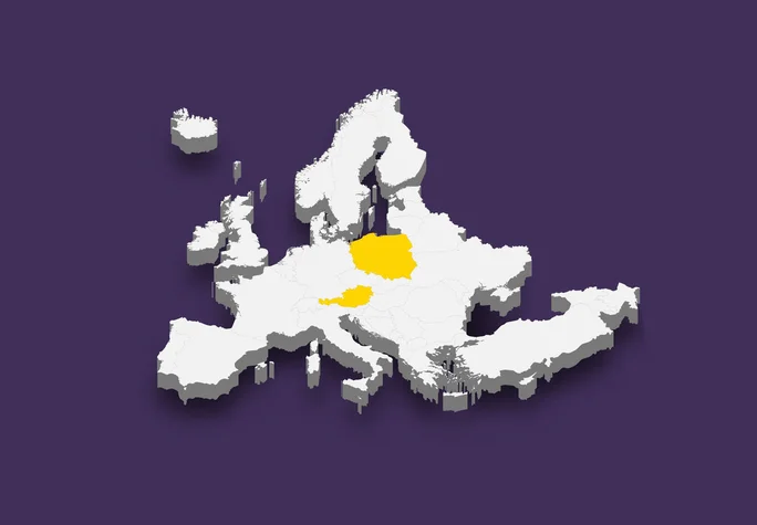 The image features a 3D map of Europe displayed against a purple background. Most of the map is shown in white, while a specific region in Central Europe, including Poland and Austria, is highlighted in bright yellow. This emphasis draws attention to the highlighted area, indicating its significance within the broader European context. The overall design is modern and visually appealing, making it easy to identify the focal point of the map.