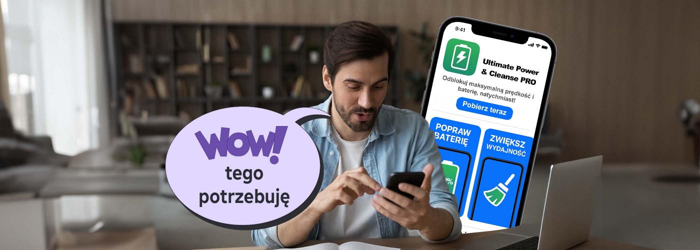 Mężczyzna trzymający telefon w dłoniach, podekscytowany reklamą aplikajcji optymalizującej pracę baterii