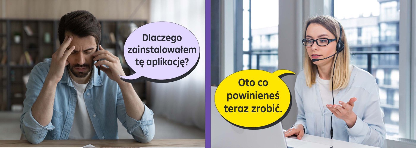 Komiksowa grafika ukazująca rozmowę telefoniczną pomiędzy mężczyzną, zdruzgotanym utratą pieniędzy spowodowaną ściągnięciem aplikacji z niewiadomego źródła a kobietą pracującą w dziale obsługi klienta banku, która tłumaczy mężczyźnie jak powinien sie zachować w jego sytuacji