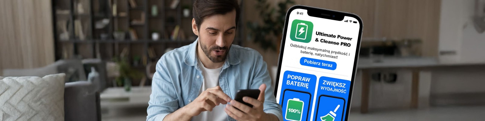 Mężczyzna w pozycji siedzącej korzystający ze smartfona i pobierający złośliwą aplikację