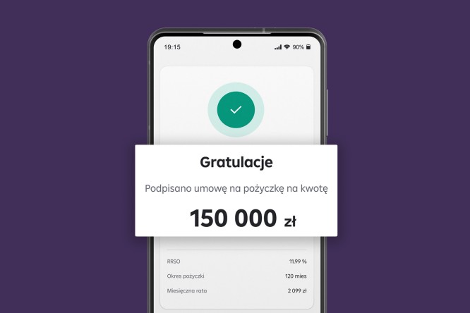 Grafika z ciemno fioletowym tłem na którym jest umieszczony telefon. Na ekranie telefonu widać komunika z o podpisaniu umowy kredytowej na 150000 zł