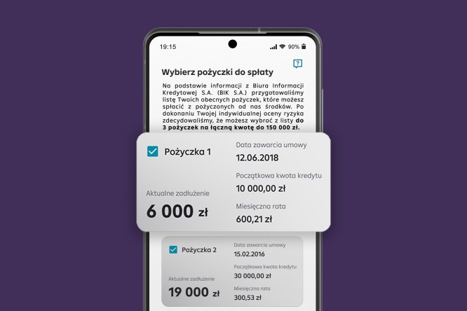 Ciemne fioletowe tło i ekran telefonu na którym widać aplikację Raiffeisen Digital Bank i listę kredytów do skonsolidowania.