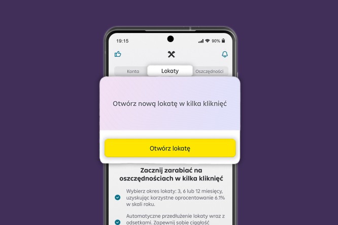 Telefon, na którym jest widoczny ekran otwarcia lokaty w bankowości mobilnej Raiffeisen Digital Bank.