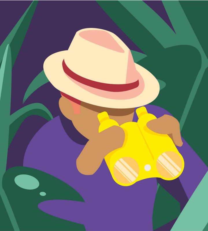 Na zdjęciu widoczna jest postać trzymająca żółte lornetki, ubrana w fioletową koszulę i beżowy kapelusz. Otoczona jest zielonymi liśćmi, co sugeruje, że znajduje się w naturalnym otoczeniu, prawdopodobnie na świeżym powietrzu. Postawa postaci wskazuje na zainteresowanie otoczeniem, a całość ma kolorowy i przyjemny charakter.