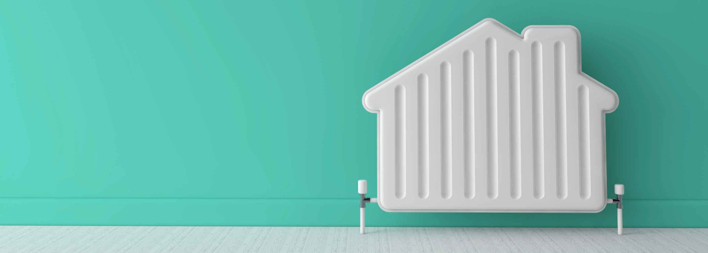 Heating radiator in the shape of a house. Home energy. 3D Rendering.