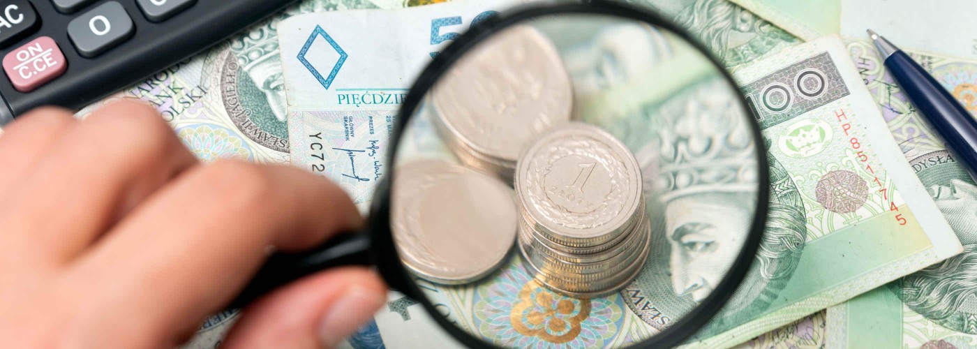 Polish money, a stack of coins, polish banknotes