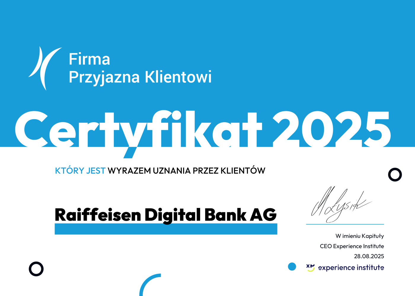 Certyfikat 2025 dla Raiffeisen Digital Bank – potwierdzenie wysokiej jakości obsługi i zaufania klientów.