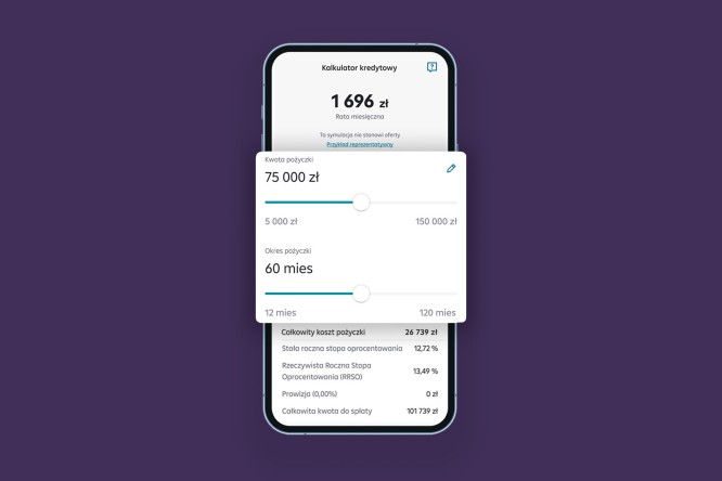 Na ekranie smartfona widoczny jest kalkulator kredytowy z ratą miesięczną 1696 zł. Użytkownik może dostosować kwotę pożyczki (75 000 zł) i okres spłaty (60 miesięcy) za pomocą suwaków. Poniżej znajdują się szczegóły, takie jak całkowity koszt pożyczki i stała roczna stopa oprocentowania. Tło jest fioletowe.