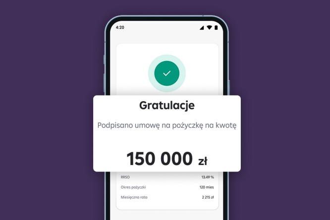 Na ekranie smartfona widoczny jest komunikat "Gratulacje" informujący o podpisaniu umowy na pożyczkę w wysokości 150 000 zł. Poniżej znajdują się szczegóły dotyczące Rzeczywistej Rocznej Stopy Oprocentowania (RRSO), okresu pożyczki (120 miesięcy) i miesięcznej raty (2 215 zł). Tło jest fioletowe.